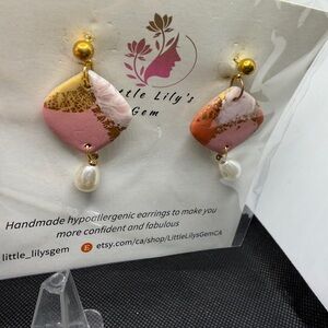 Handmade Pearl Dangle Earrings Pink Gold Polymer Clay‎ Elegant Jewelry